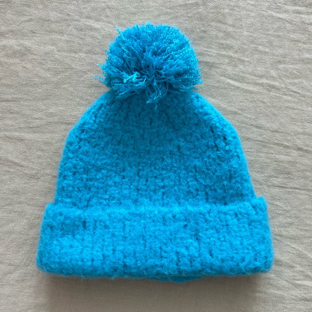Bright Blue Rolled Pom Pom Beanie